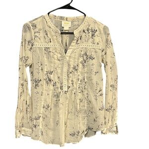 Anthropologie MAEVE Abella Pintuck Botanic Sketch Crochet Trim Blouse Top size 0